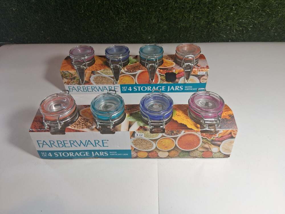 Farberware 3 oz Glass Spice Storage Jars Airtight Clamp Lids Color Rings Lot of